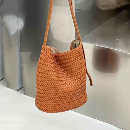 Sac seau tressé en cuir véritable, esprit luxe
